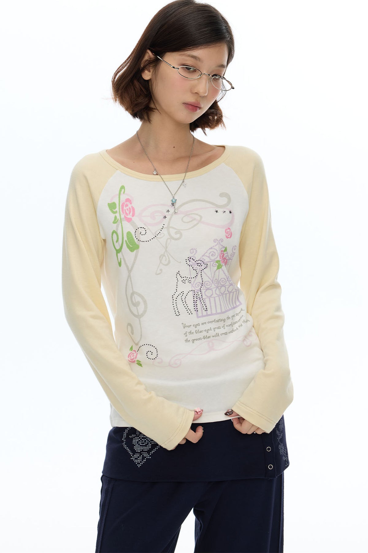 Deer Rose Print Long Sleeve Raglan Tee