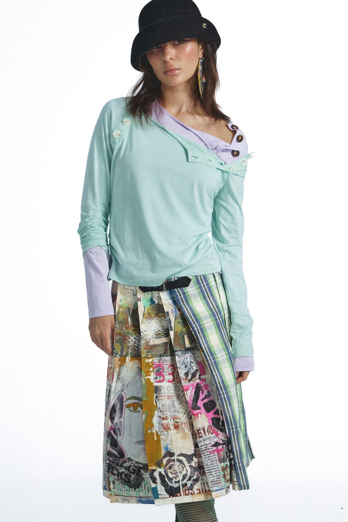 Graffiti Plaid A-Line Pleated Skirt