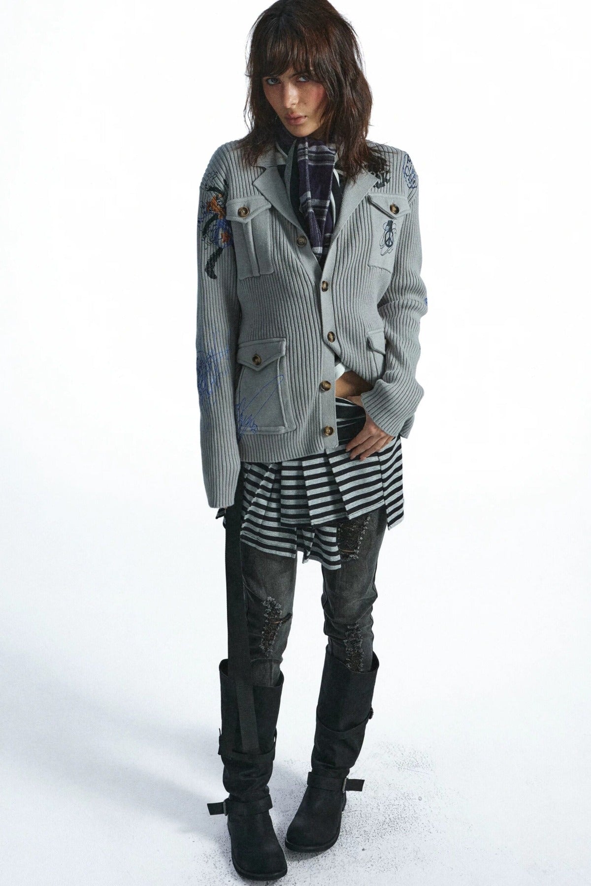 Distressed Graffiti Deconstructed Patch Pocket Cardigan