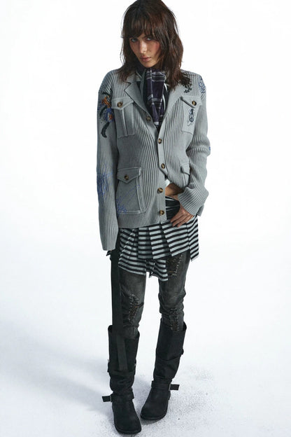 Distressed Graffiti Deconstructed Patch Pocket Cardigan