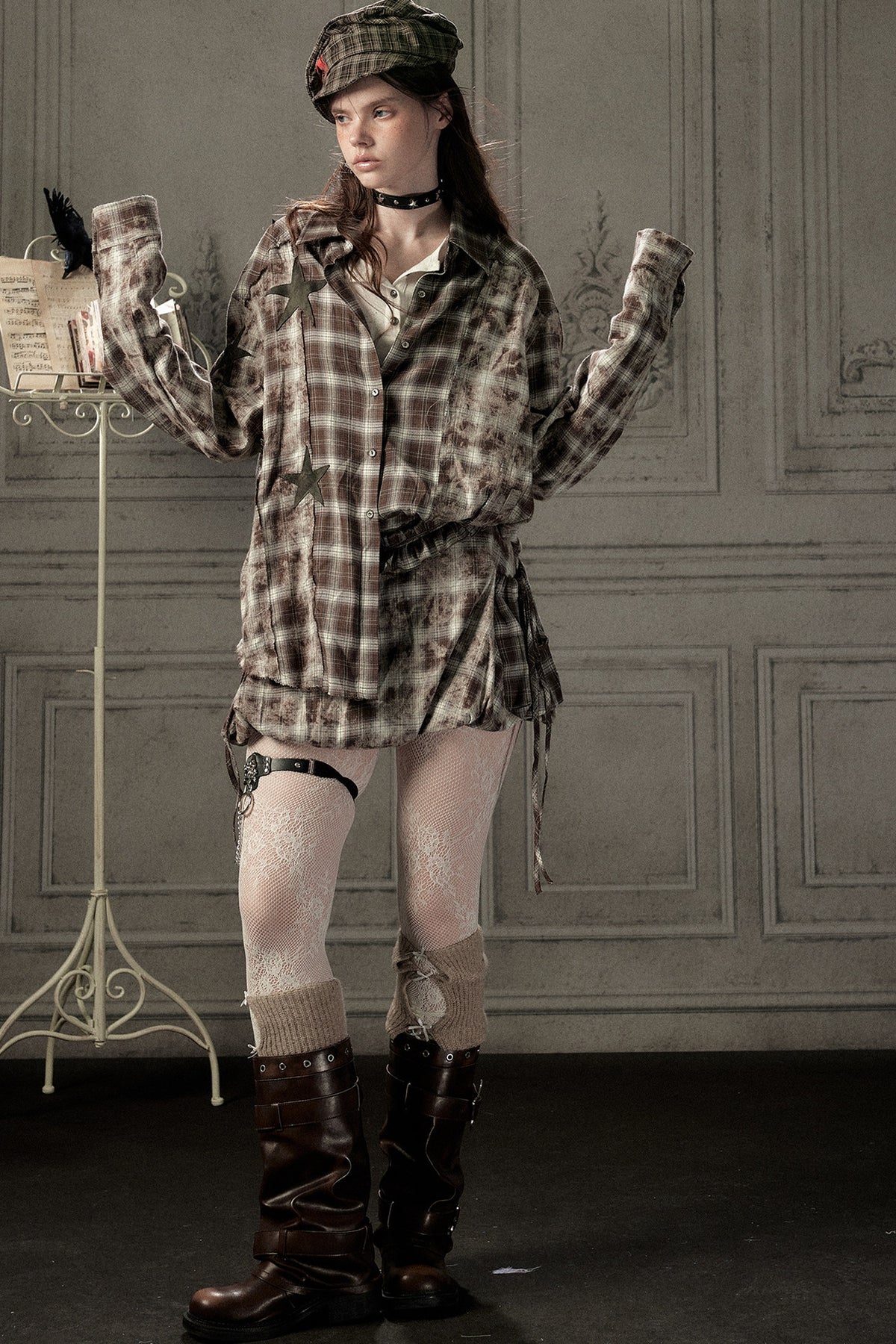High-Waisted Coffee Plaid Ruffle Tie Skirt