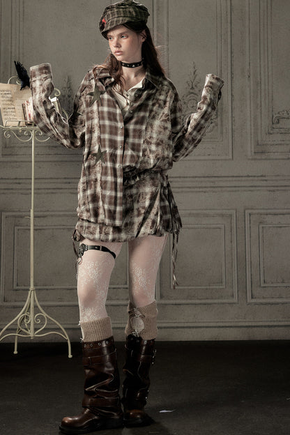 High-Waisted Coffee Plaid Ruffle Tie Skirt