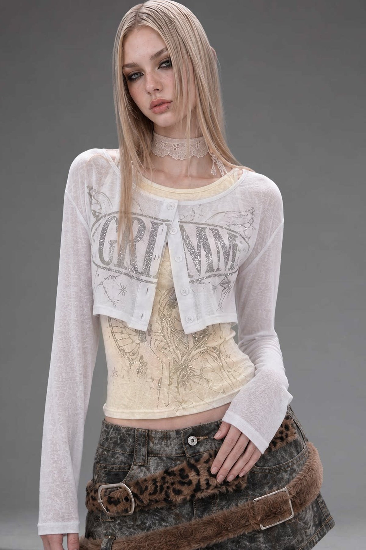 Silver Letter Print Long-Sleeve T-Shirt Set-Up