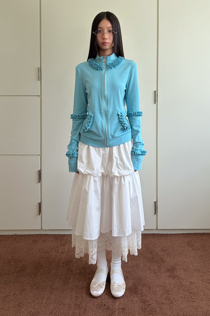 White Lace Trim Puffy Mid-Length Skirt