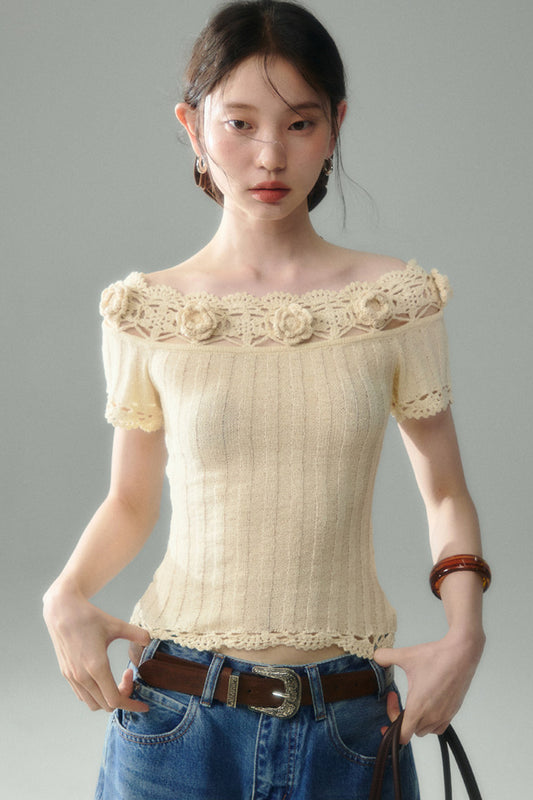 Handmade Crochet Camellia Off-Shoulder Knit Top