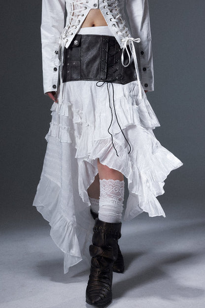 Irregular Ruffle Lace-Up Leather A-Line Skirt