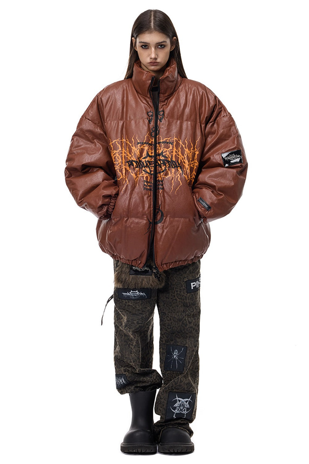 Logo PU Leather Motorcycle Puffer Jacket