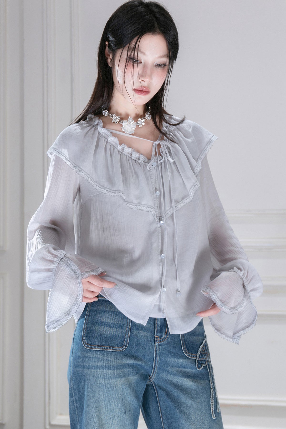 Cloud Wave Collar Chiffon Blouse Set