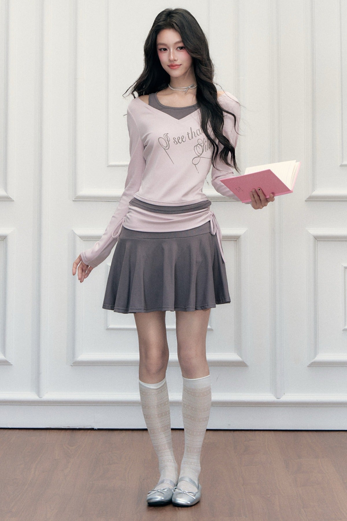 Layered-Look Letter Print Top and Skirt Set-Up