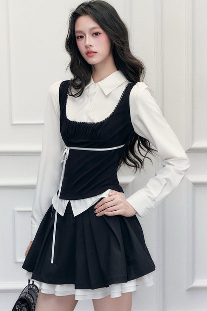 Lace Tie-Up Shirt Skirt Set-Up