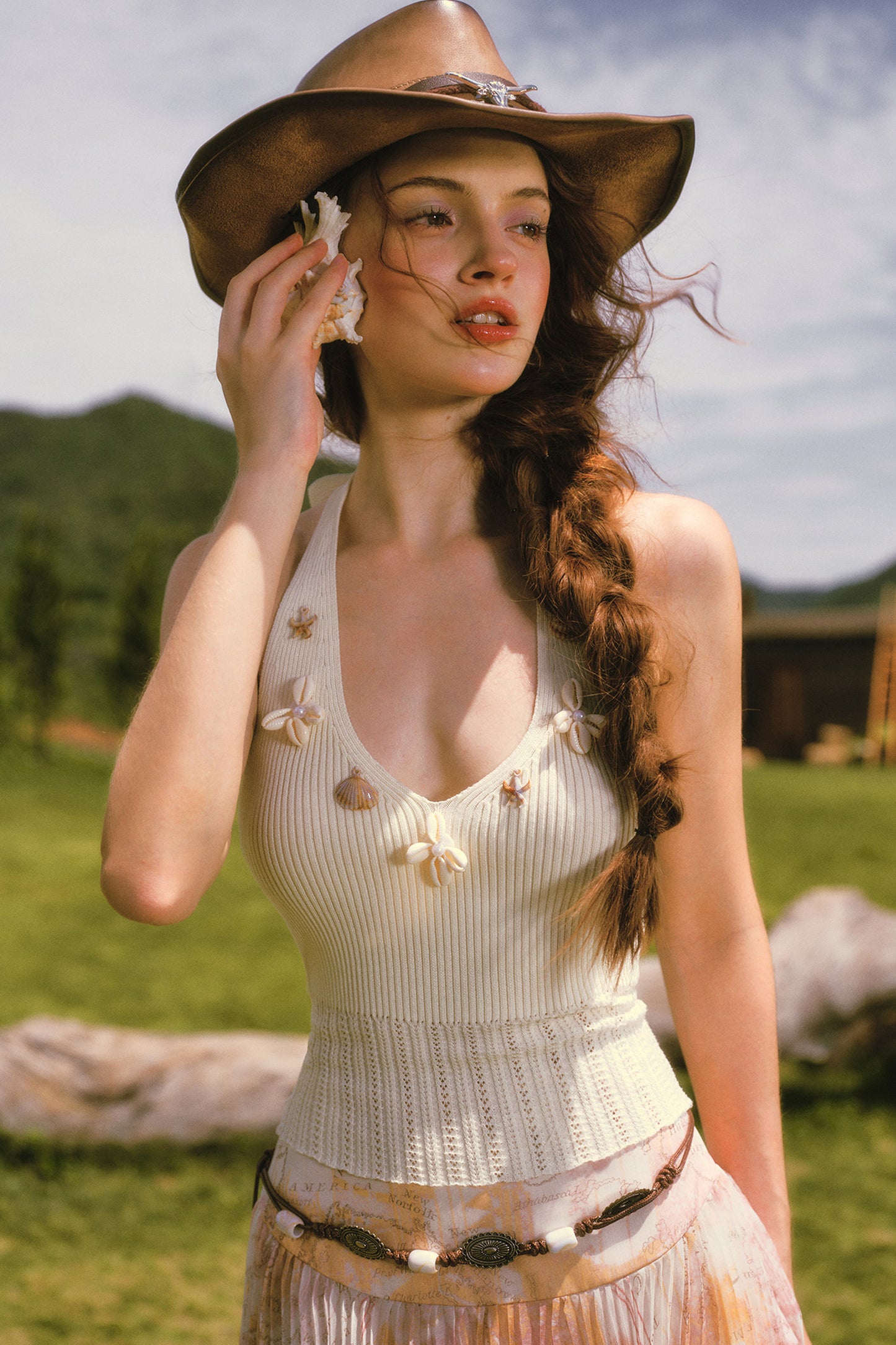 Shell Halter Knitted Cardigan Halter Top and Skirt Set-Up