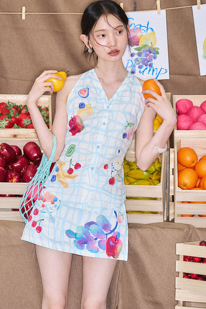 Fruit Print Halter Top and Skirt Set-Up