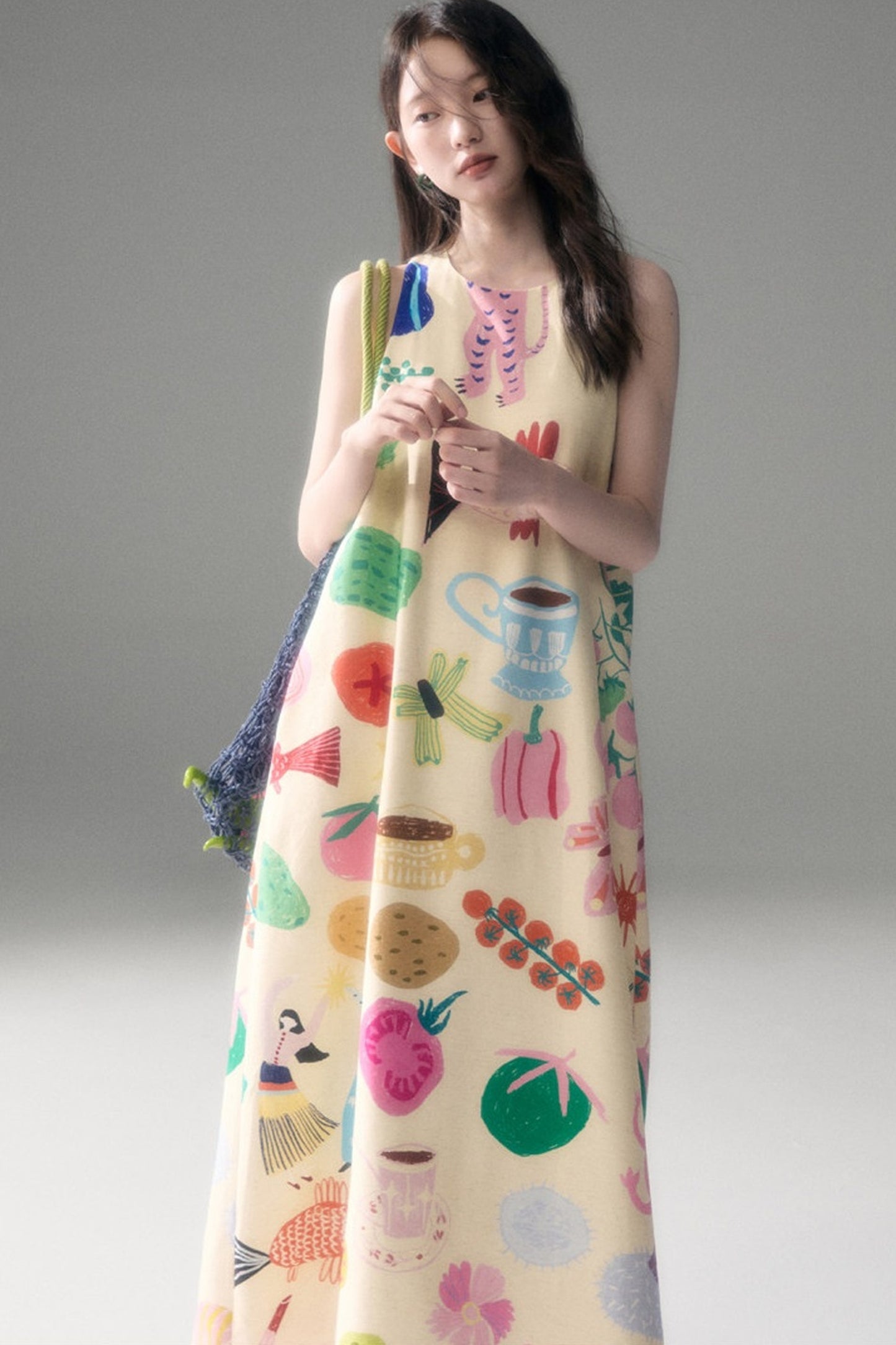 Hand-Painted Fruit Vegetable Print Sleeveless Vest Dress