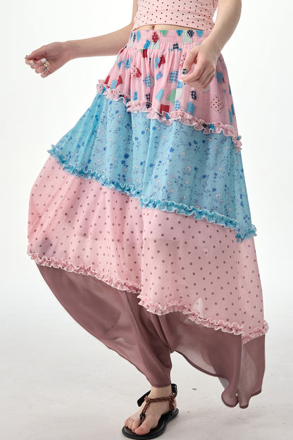 Pink Floral Polka Dot Tiered Maxi Skirt