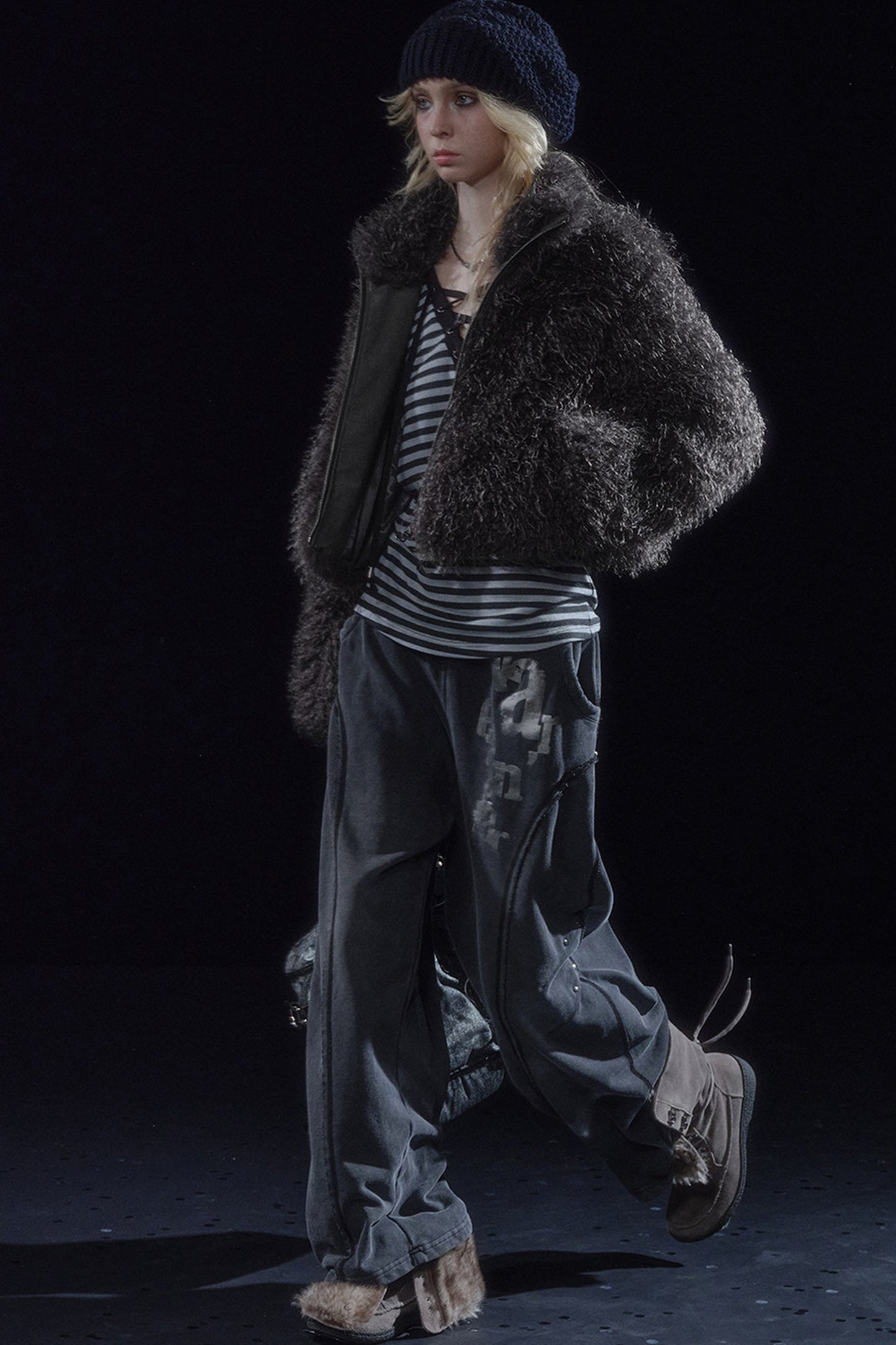 Dark Gray Faux Fur Zipper Jacket