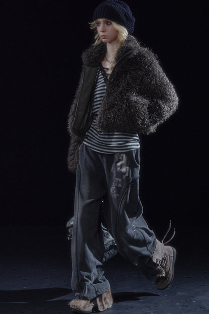 Dark Gray Faux Fur Zipper Jacket