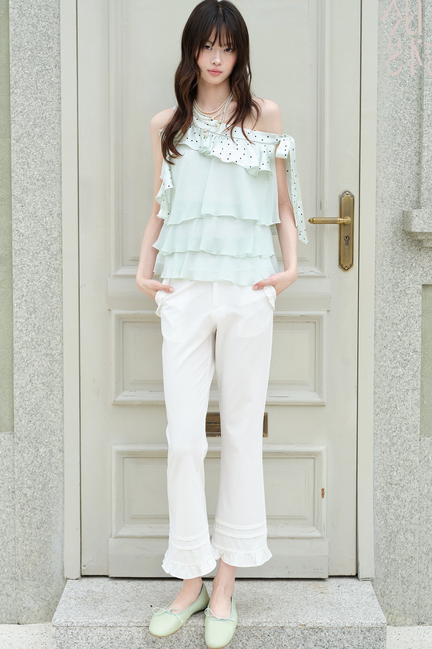 Ruffle Straight-Leg Flared Pants
