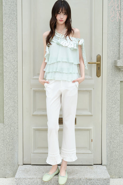 Ruffle Straight-Leg Flared Pants