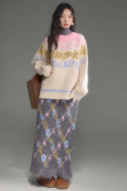 Retro Fair Isle Floral Jacquard Wool Sweater