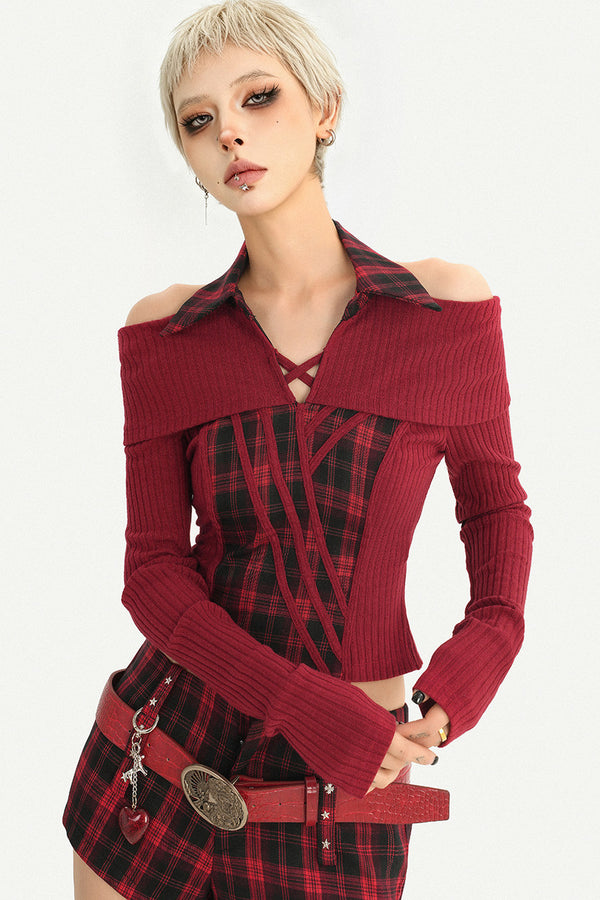 Red Black Off-Shoulder Knit Top and Shorts Set-Up