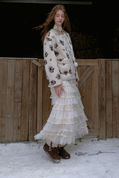 Gesteppte Fleecejacke mit Blumen und Schleife