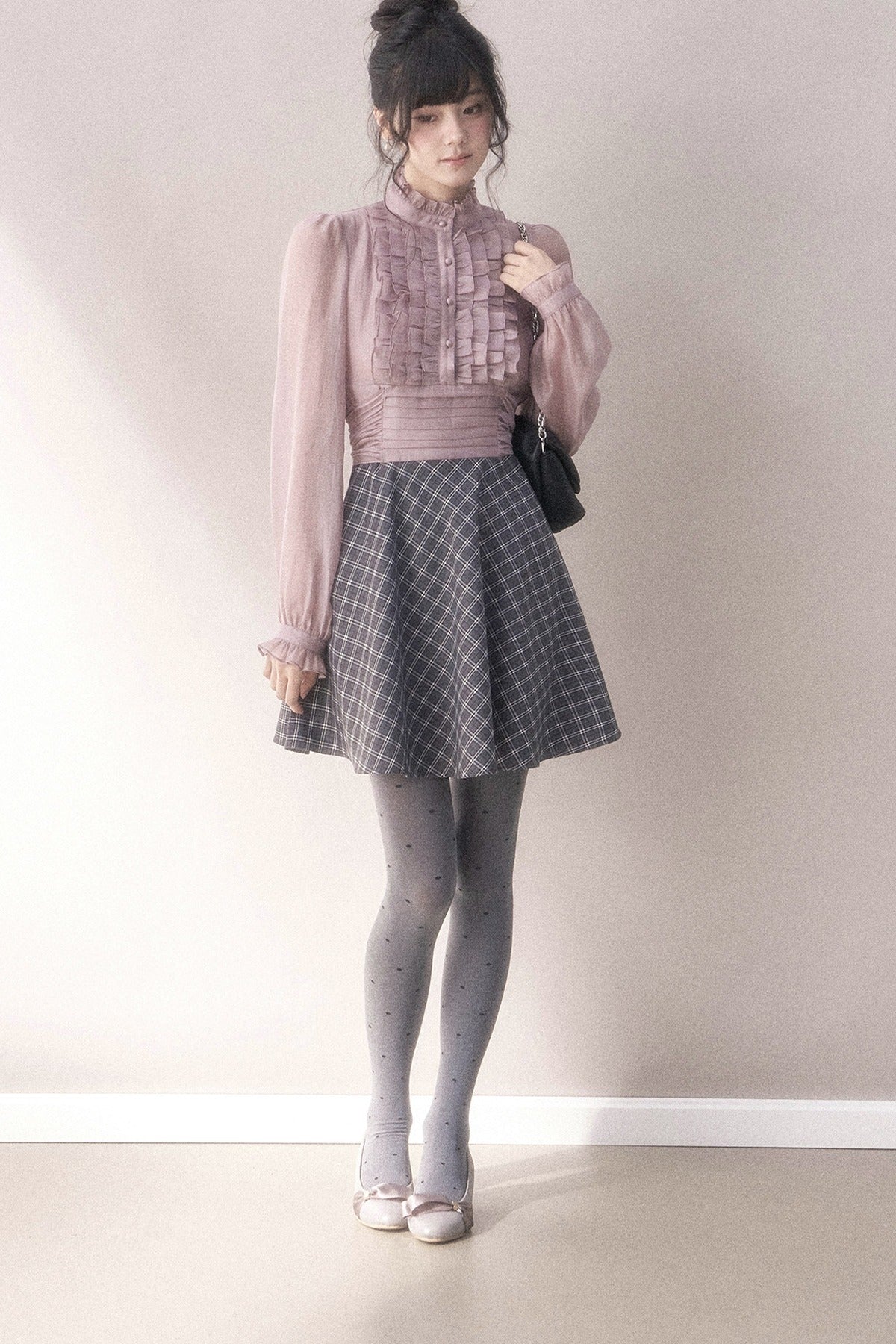 Gray-Purple Plaid Layered Pleated Stand-Collar Dress