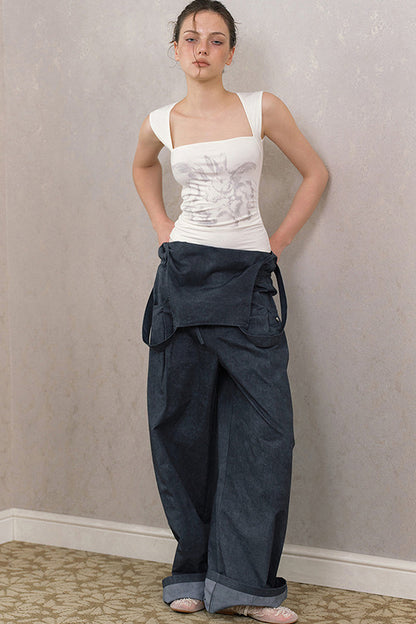 Rabbit Print Ruched Square Neck Tank Top