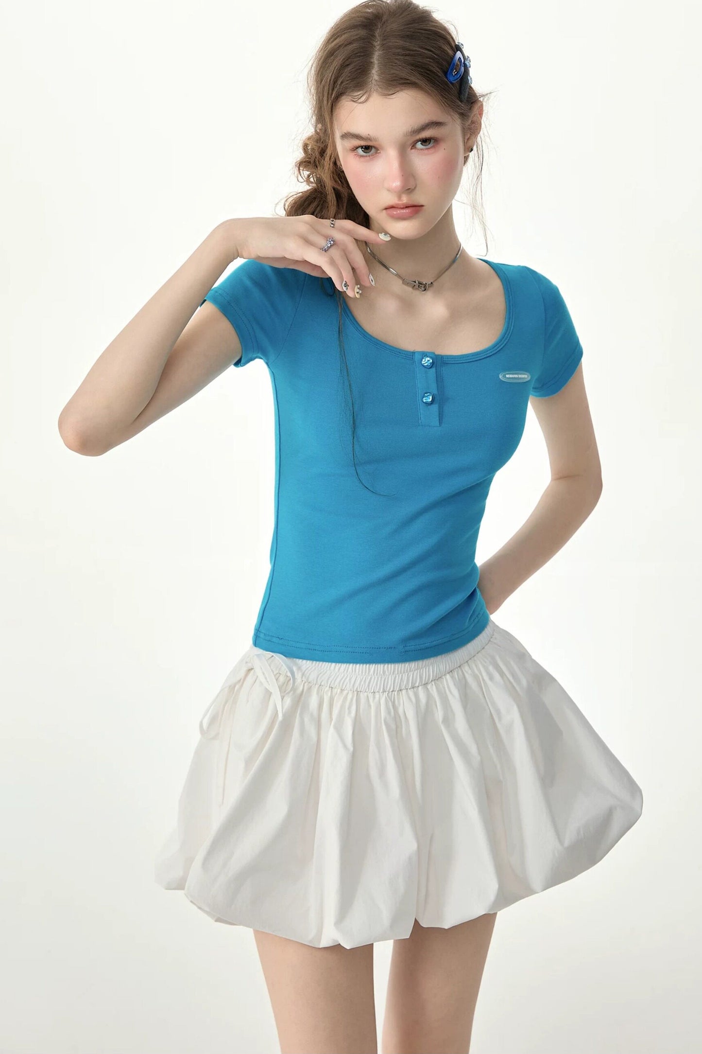 Sea Salt Blue U-Neck Slim Fit Top