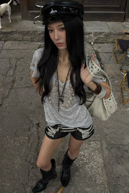 Pearl Beaded Knot Striped T-Shirt
