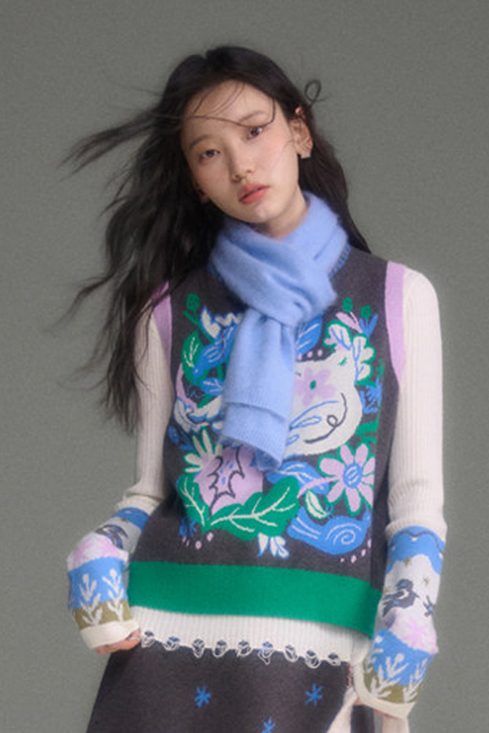 Wool Blend Bird Jacquard Knit Top