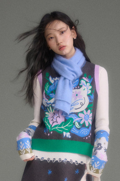 Wool Blend Bird Jacquard Knit Top