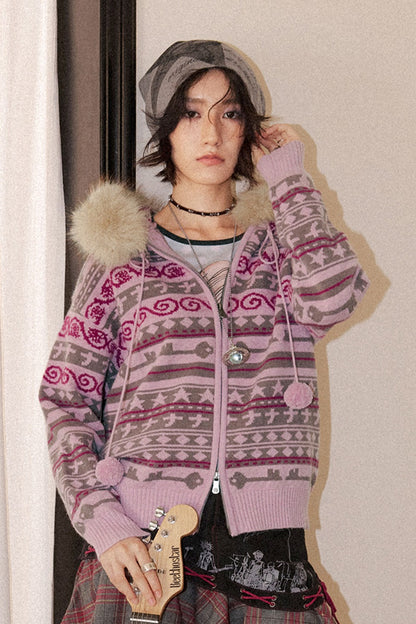 Detachable Fur Collar Fair Isle Hooded Cardigan