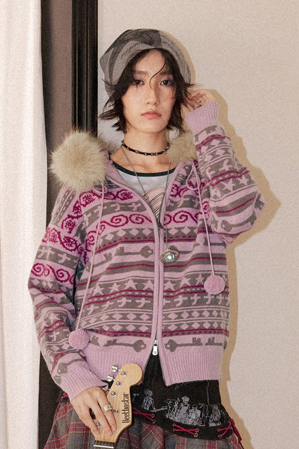 Detachable Fur Collar Fair Isle Hooded Cardigan