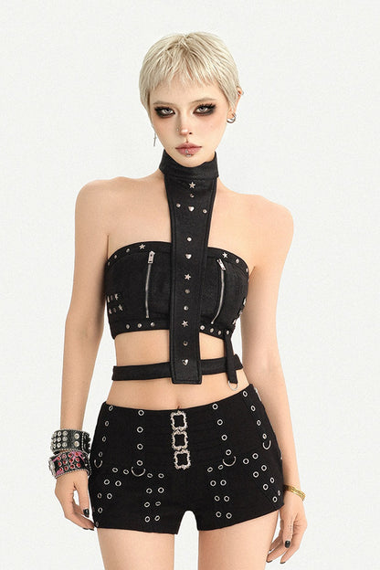 Rivet Zipper Halter Tube Top