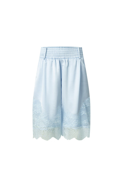 Satin Elastic Waist Lace Splicing Shorts