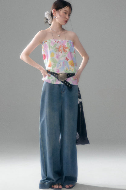 Hand-Painted Bird And Flower Print Skirt