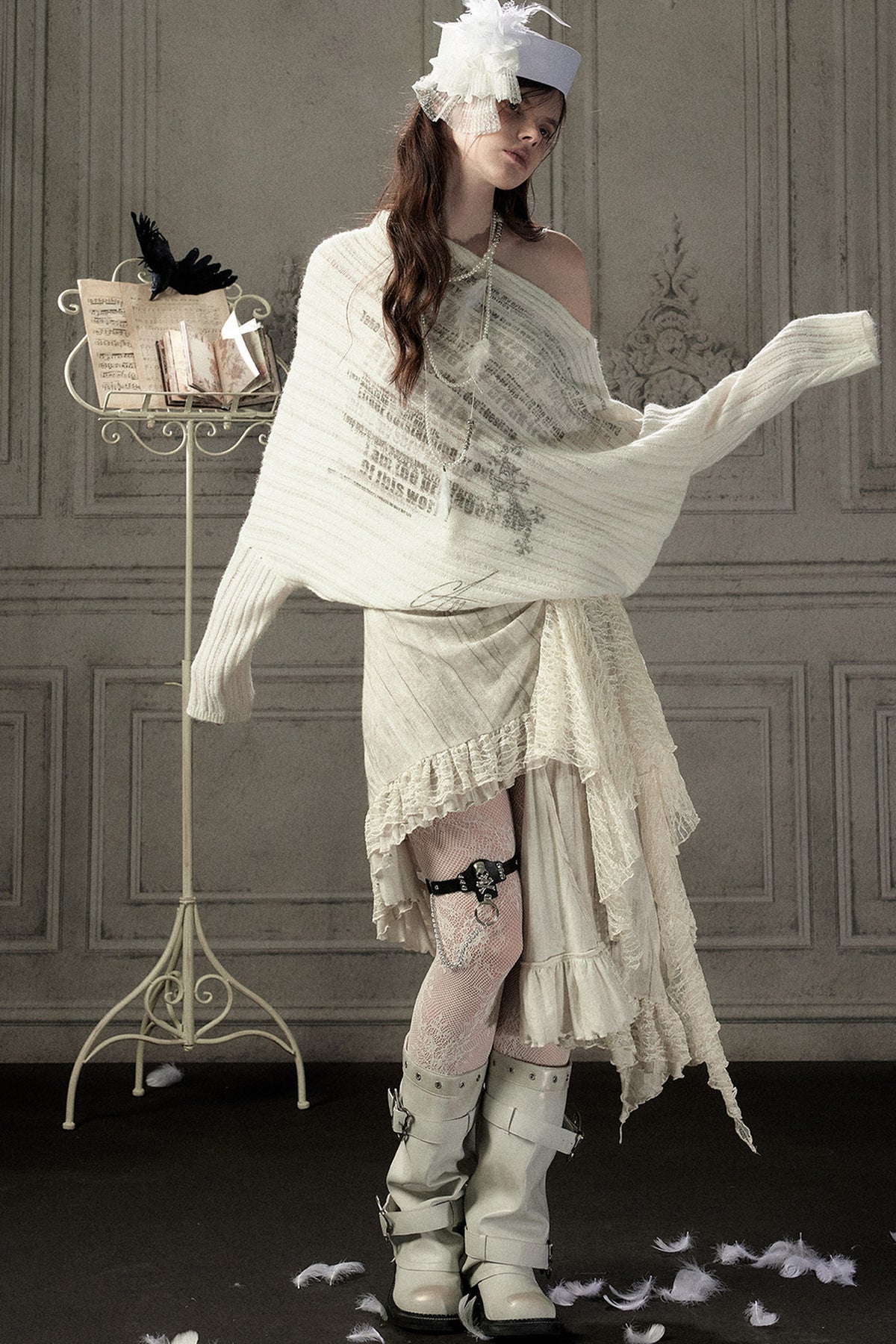 Beige Asymmetrical Lace Spliced Skirt