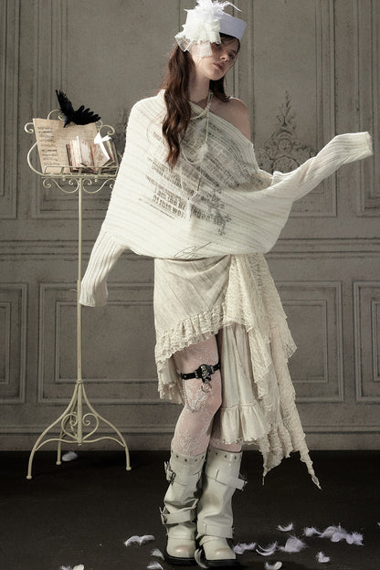 Beige Asymmetrical Lace Spliced Skirt