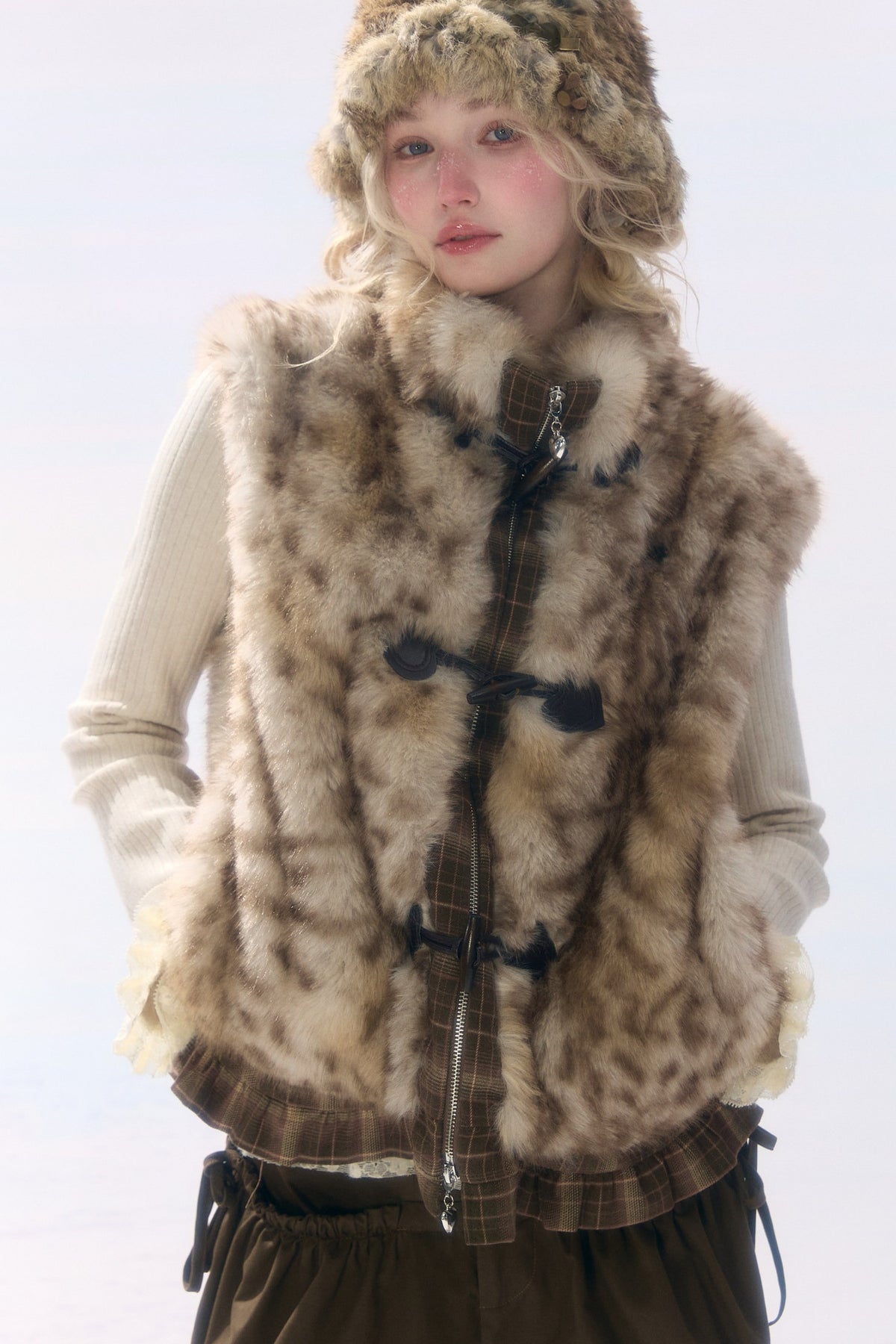 Plush Patchwork Plaid Leopard Horn Button Jacket