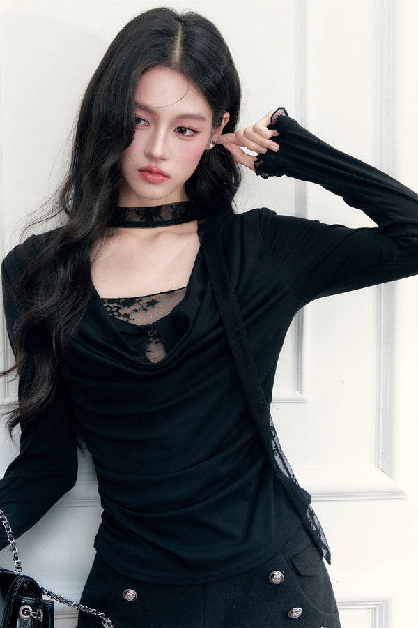 Lace Twist Patchwork Ribbon Long Sleeve Top