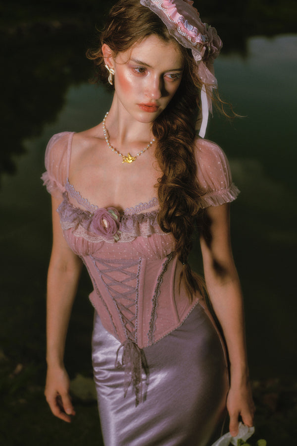 Purple Floral Fishbone Corset Camisole and Satin Skirt Set-Up