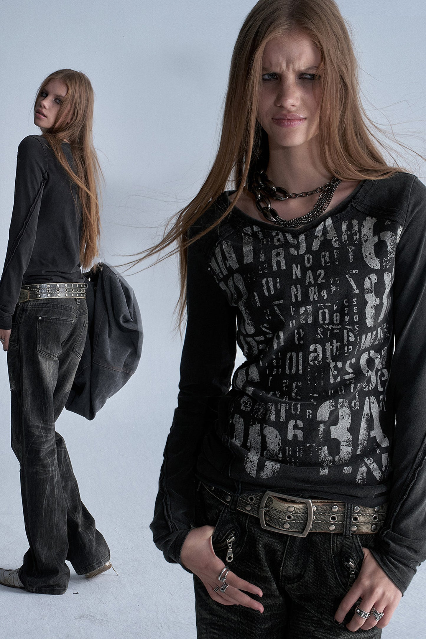 Asymmetrical Frayed All-Over Print Long-Sleeve T-Shirt