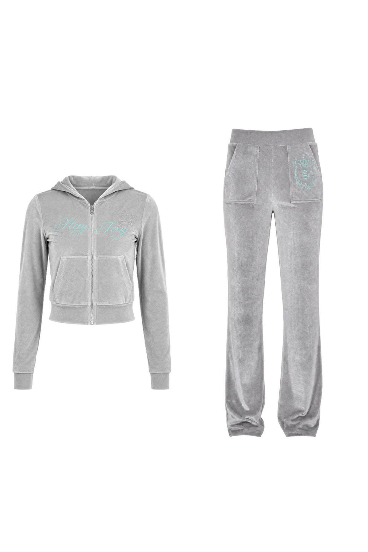 Glossy Velvet Hooded Tracksuit Set-Up
