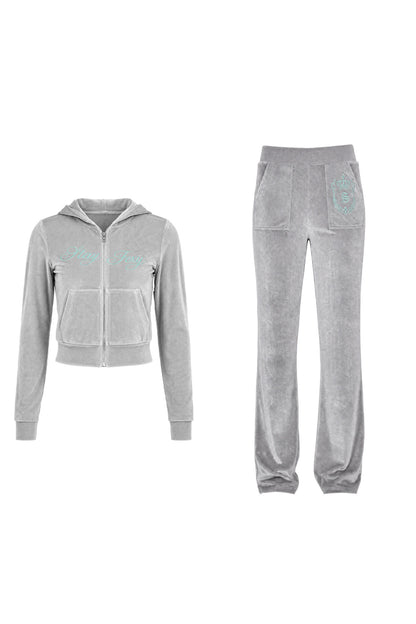 Glossy Velvet Hooded Tracksuit Set-Up