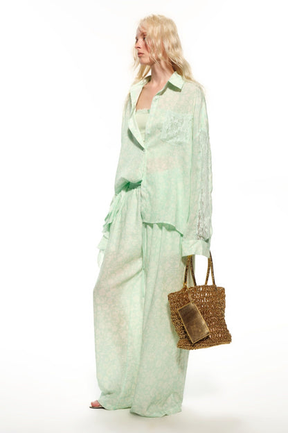 Mint Green Knitted Lace Tube Top, Pants and Skirt Set-Up
