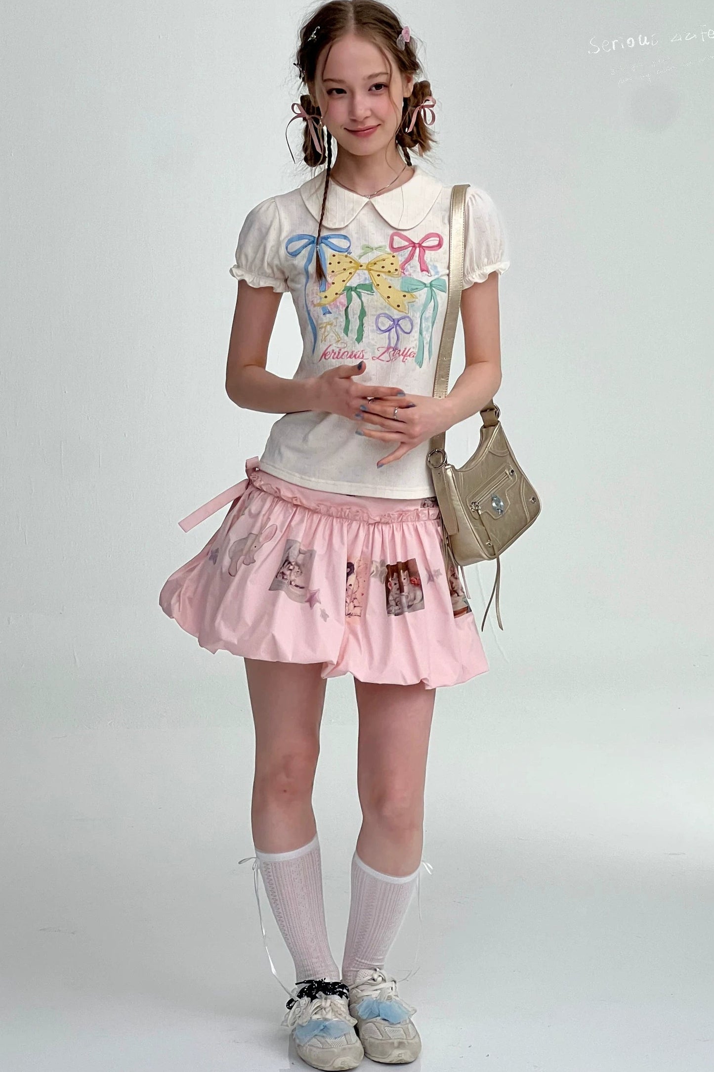 White Floral Bow Puff Sleeve T-Shirt
