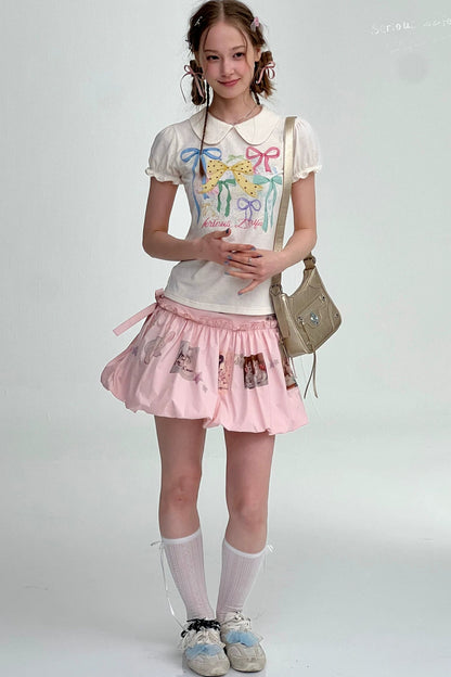 White Floral Bow Puff Sleeve T-Shirt