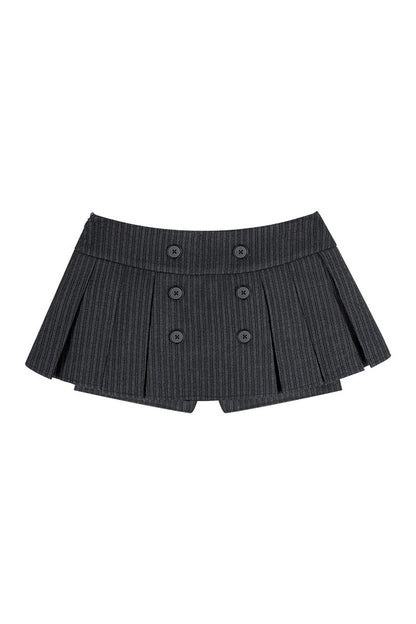 Black Gray Striped Brushed Double-Breasted Pleated Skirt
