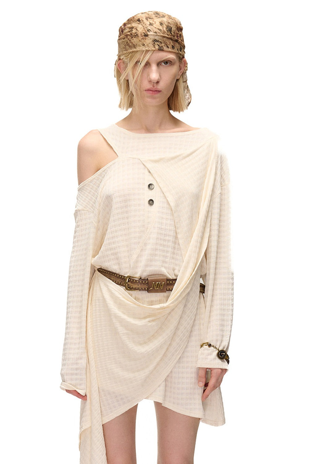 Multi-Wear Layered Waffle Off-Shoulder Ribbon Irregular Dress