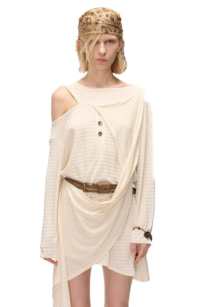 Multi-Wear Layered Waffle Off-Shoulder Ribbon Irregular Dress
